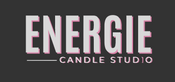Logo of Energie Candle Studio with pink text on a black background