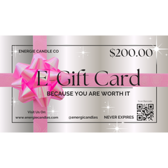 Gray gift card with a pink bow, valued at $200, on a plain white background.
