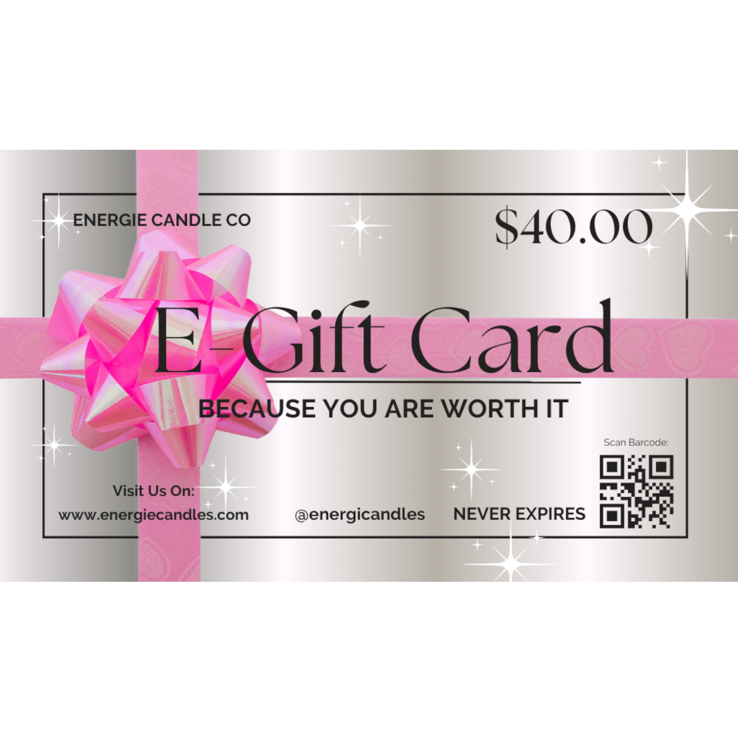 Gray gift card with a pink bow, valued at $40, on a plain white background.