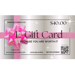 Gray gift card with a pink bow, valued at $40, on a plain white background.