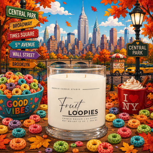 A large glass jar candle labeled 'Fruit Loopies' by Enchanted Candle Studio is centered in front of a New York City skyline with autumn leaves and street signs. The candle is surrounded by colorful cereal pieces, fall leaves, and a red 'I Love NY' mug, creating a highly styled, themed scene.