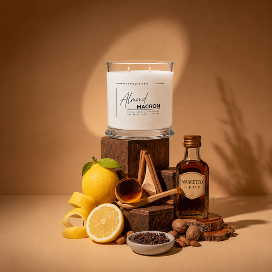 A white scented candle in a clear glass jar labeled 'Almond MACRON' by Fragrance Candle Co., styled on wooden blocks with lemon, cinnamon, nuts, and an amaretto liquor bottle against a warm tan background.