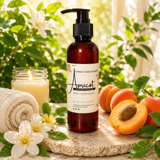 Bottle of Apricot lotion with apricots and flowers on a natural background