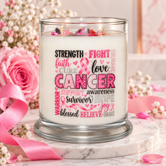 A glass jar candle with white wax and a printed front design featuring cancer awareness words and pink ribbon motifs, styled on a marble coaster with pink roses, baby's breath, and a pink ribbon.