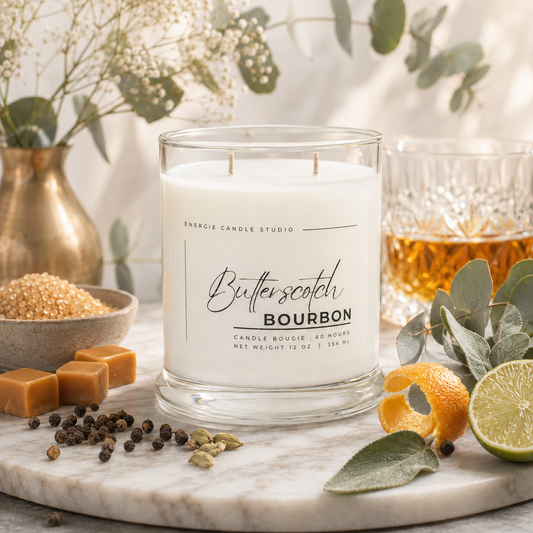 A white scented candle in a clear glass jar labeled 'Butterscotch Bourbon' by Energie Candle Studio, styled on a marble board with caramel, orange, lime, peppercorns, and a glass of amber liquid.