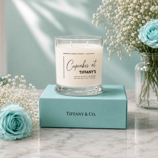 A clear glass candle jar with white wax sits on a turquoise Tiffany & Co. box on a marble surface.