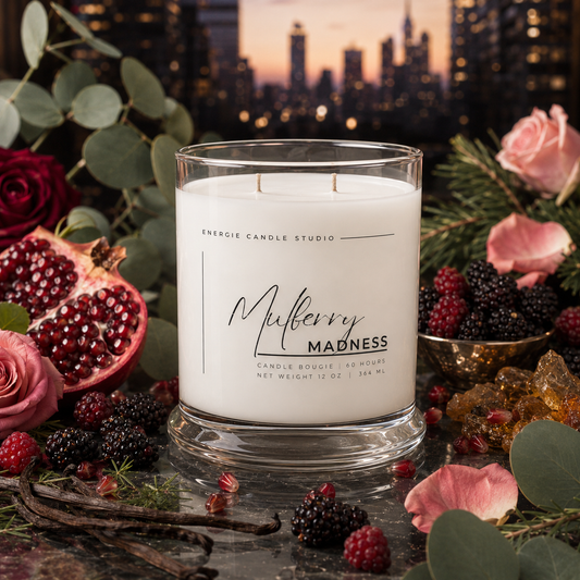 A white double-wick candle in a clear glass jar sits on a dark tabletop surrounded by berries, pomegranate, roses, eucalyptus leaves, and a blurred city skyline at sunset. The label reads 'ENERGIE CANDELE STUDIO' and 'Mulberry MADNESS'.
