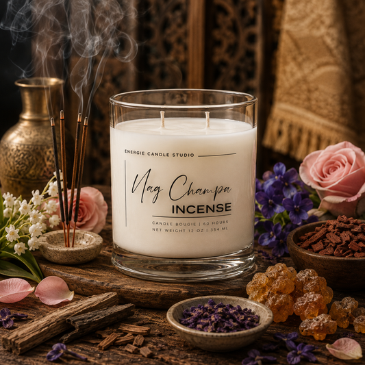 A glass jar candle labeled 'Mag Champa Incense' by Energie Candle Studio sits on a rustic wooden surface with incense sticks, flowers, bark, and dried botanicals around it. Smoke rises from the candle, and the background includes a woven textile and decorative vessels.