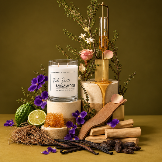A styled product photo of a scented candle from Morning Candle Studio, labeled 'Palo Santo SANDALWOOD'. The candle is displayed in a clear glass jar on a stacked stone pedestal, surrounded by natural props including vanilla beans, dried roots, purple flowers, a lime, and honey dripping from a brass apparatus against a solid olive green background.