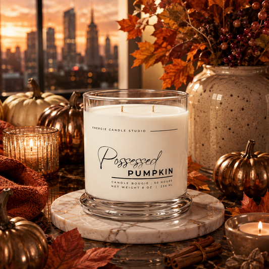 A large white candle in a clear glass jar labeled 'Possessed Pumpkin' by Energie Candle Studio, styled on a marble coaster with autumn leaves, copper pumpkins, and a lit candle in a warm indoor setting with a city skyline at sunset in the background.
