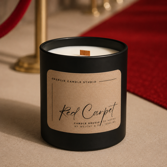Candle with 'Red Carpet' label on a beige surface with red background