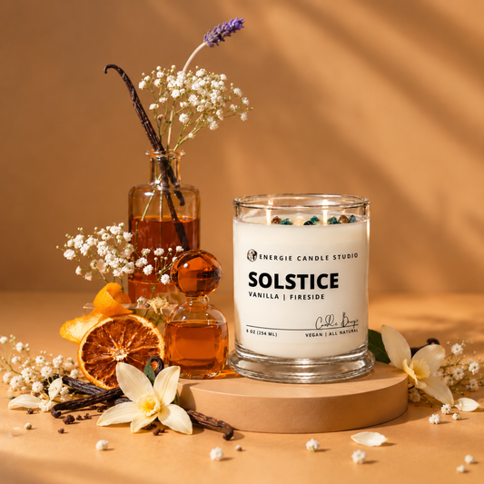 A glass jar candle labeled 'Energie Candle Studio Solstice Vanilla / Fireside' sits on a round pedestal, surrounded by dried flowers, vanilla pods, orange slices, and amber liquids in decorative bottles against a warm tan background.