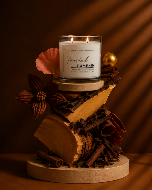 A lit double-wick candle in a clear glass jar sits on a decorative arrangement of wood slices, cinnamon sticks, dried flowers, and a small gold ornament against a warm brown background. The candle label reads 'TOASTED PUMPKIN' and 'MORNING CALM STUDIO'.