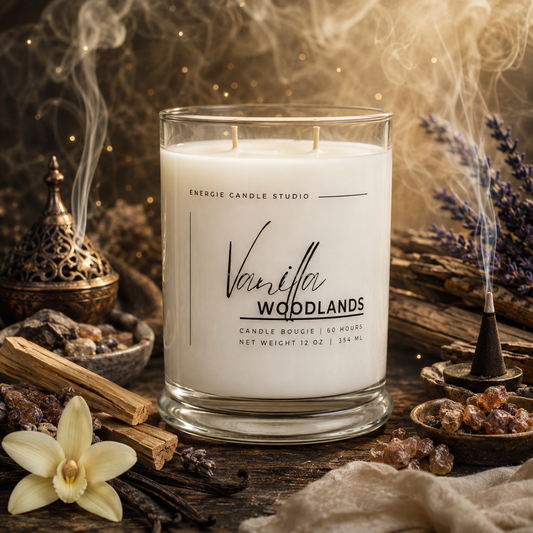 A double-wick scented candle in a clear glass jar labeled 'Vanilla Woodlands' by Energie Candle Studio, styled on a rustic wooden surface with incense, flowers, crystals, and steam against a warm golden background.