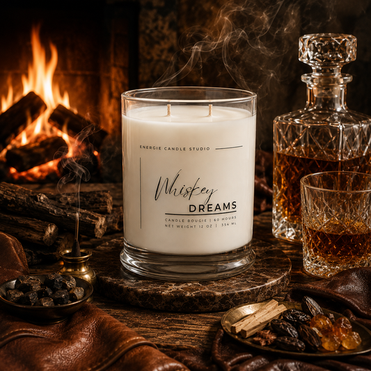 A lit white candle in a clear glass jar labeled 'Whiskey Dreams' by Energie Candle Studio, styled on a rustic wooden surface beside a glass decanter, a whiskey glass, and a warm fireplace background.