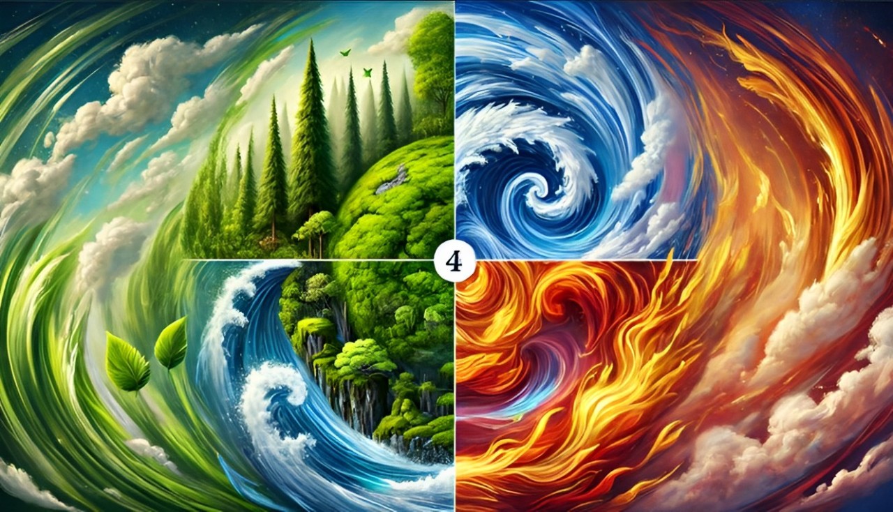 "Artistic depiction of the four elements: Earth as a forest, Water as a river, Air as a swirling sky, and Fire as vibrant flames in harmony."