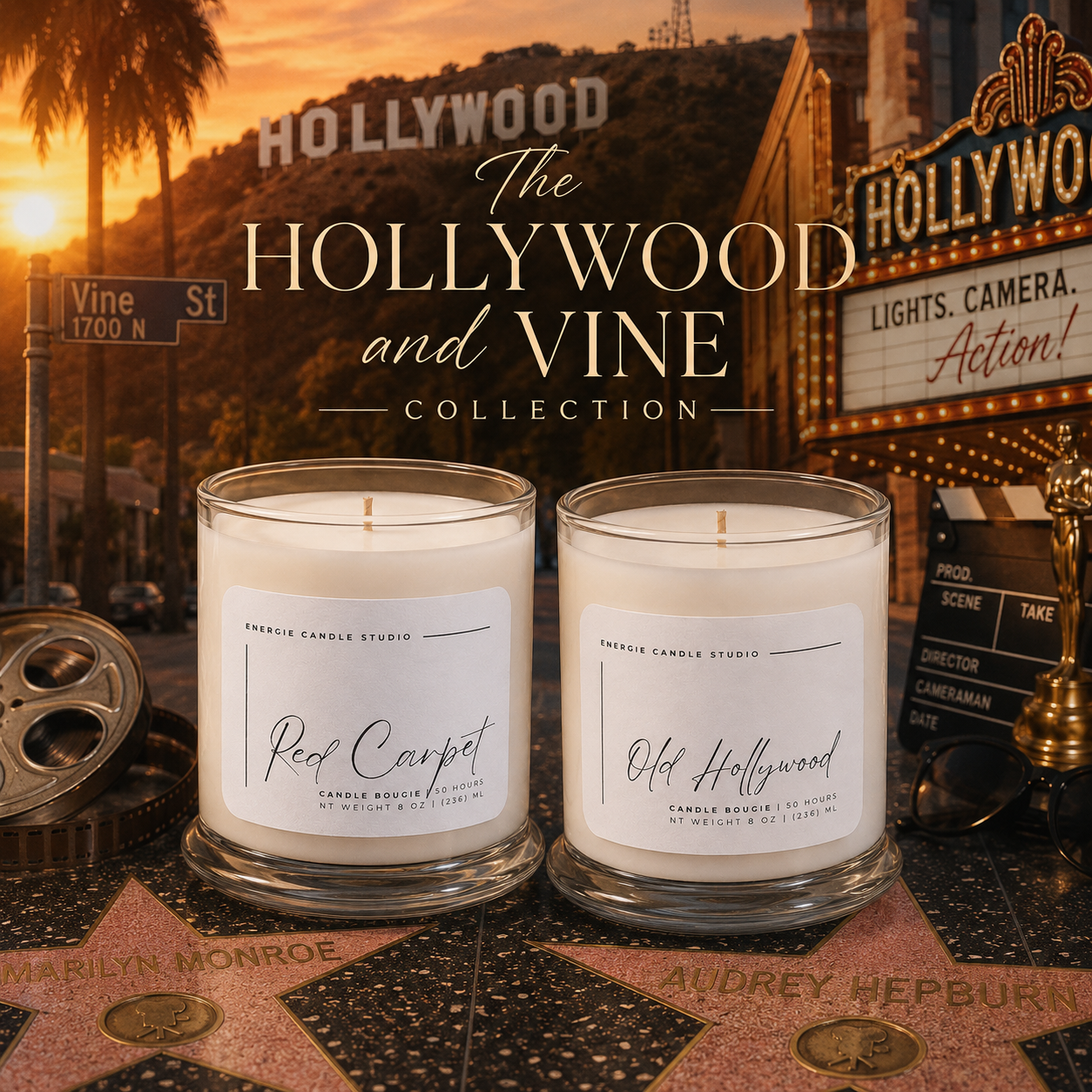 the hollywood and vine collection cover with hollywood sign in the mouthains in the background, 2 candles sitting on the hollywood stars