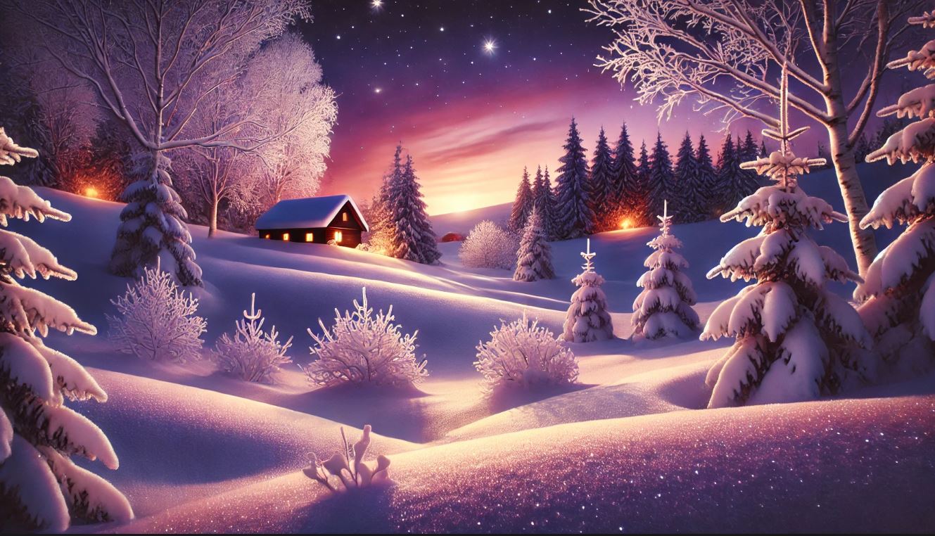 "Snowy winter scene with a glowing cabin, snow-covered trees, and a velvety twilight sky blending purple and orange hues."