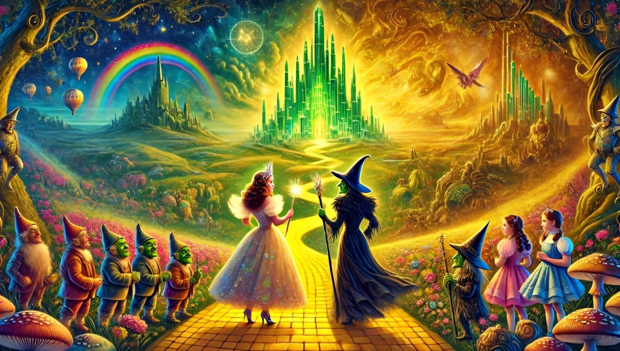  "Magical scene inspired by the Wizard of Oz "Wizard of Oz scene with yellow brick road, Glinda, and Wicked Witch."