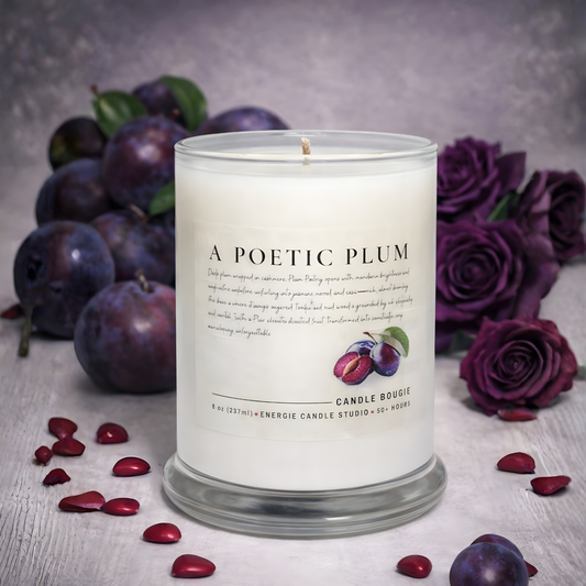 Candle labeled 'A Poetic Plum' with plums and roses on a gray background