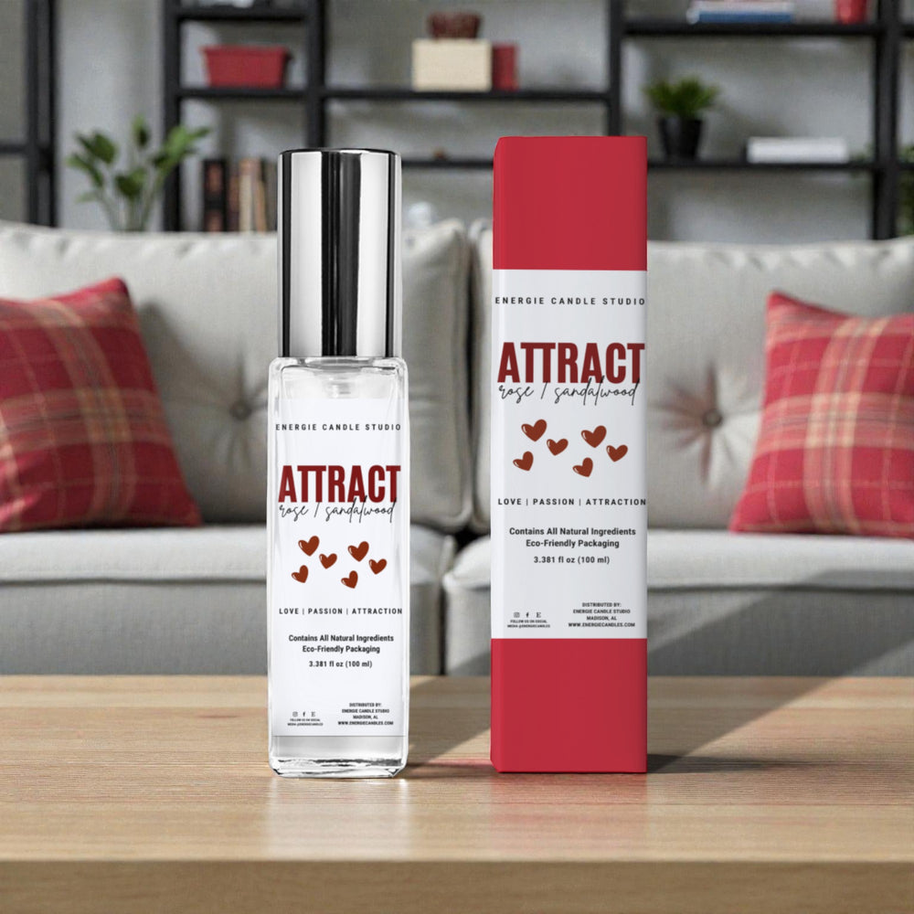 Product packaging of 'Attract' with bottle and box on a table in a living room setting