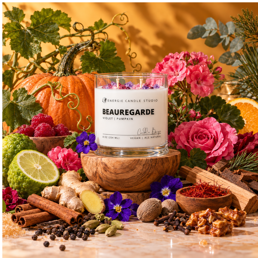 A glass jar candle labeled 'Beauregarde' by Renegade Candle Studio sits on a wooden bowl, surrounded by autumn and floral ingredients including pumpkins, pink flowers, ginger, cinnamon, cloves, nutmeg, and a lime on a warm stone surface.
