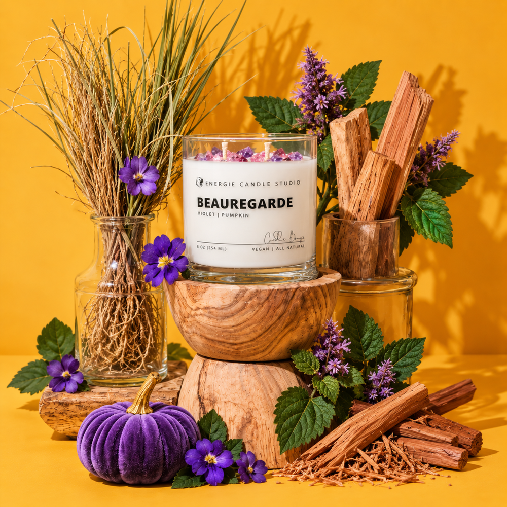 A glass jar candle labeled 'Beauregarde' by Energy Candle Studio, styled on wooden blocks with dried grass, purple flowers, bark, cinnamon sticks, and a small purple pumpkin against a warm yellow background.