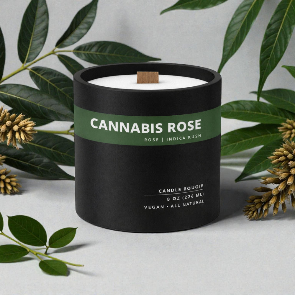 Candle labeled 'Cannabis Rose' with green leaves and buds in the background