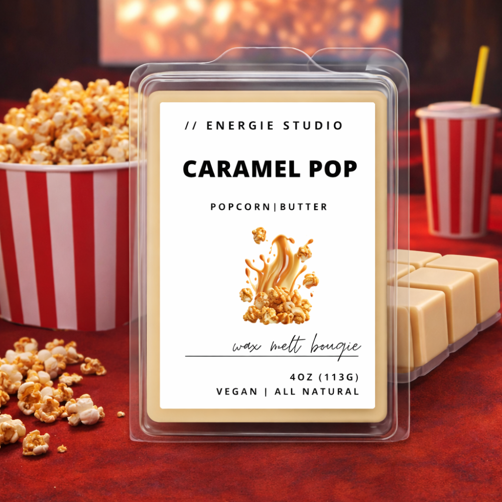 Caramel Pop wax melt with popcorn and movie theater snacks in the background
