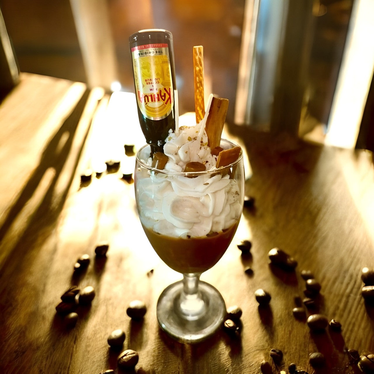 A dessert glass filled halfway with brown wax and whipped wax cream, topped with wax coffee beans and a cinnamon stick. A bottle of Kahlúa is partially visible, sticking out from the top, creating a playful, indulgent vibe.