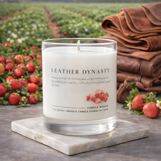 Candle labeled 'Leather Dynasty' with strawberries and leather in the background