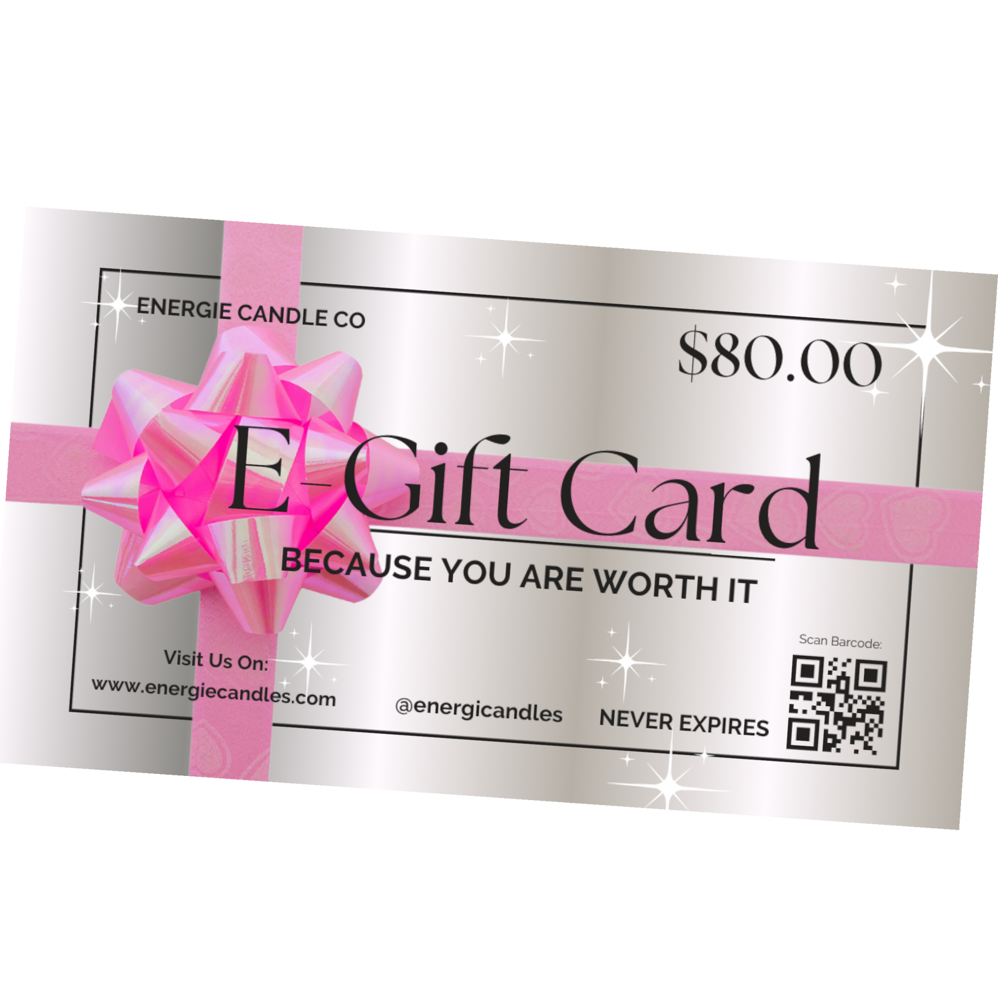 Gray gift card with a pink bow, valued at $80, on a plain white background.