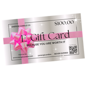 Gray gift card with a pink bow, valued at $100, on a plain white background.