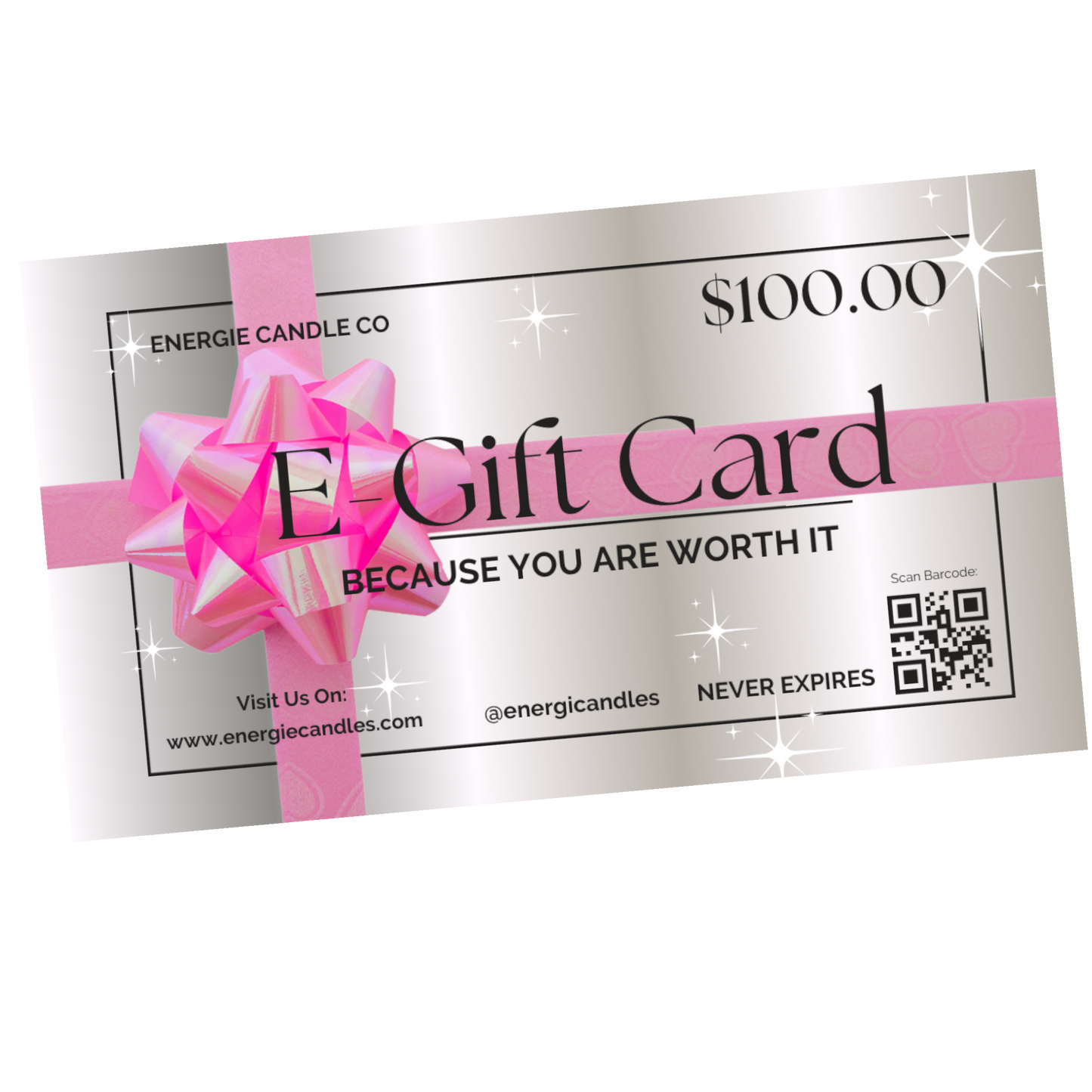 Gray gift card with a pink bow, valued at $100, on a plain white background.