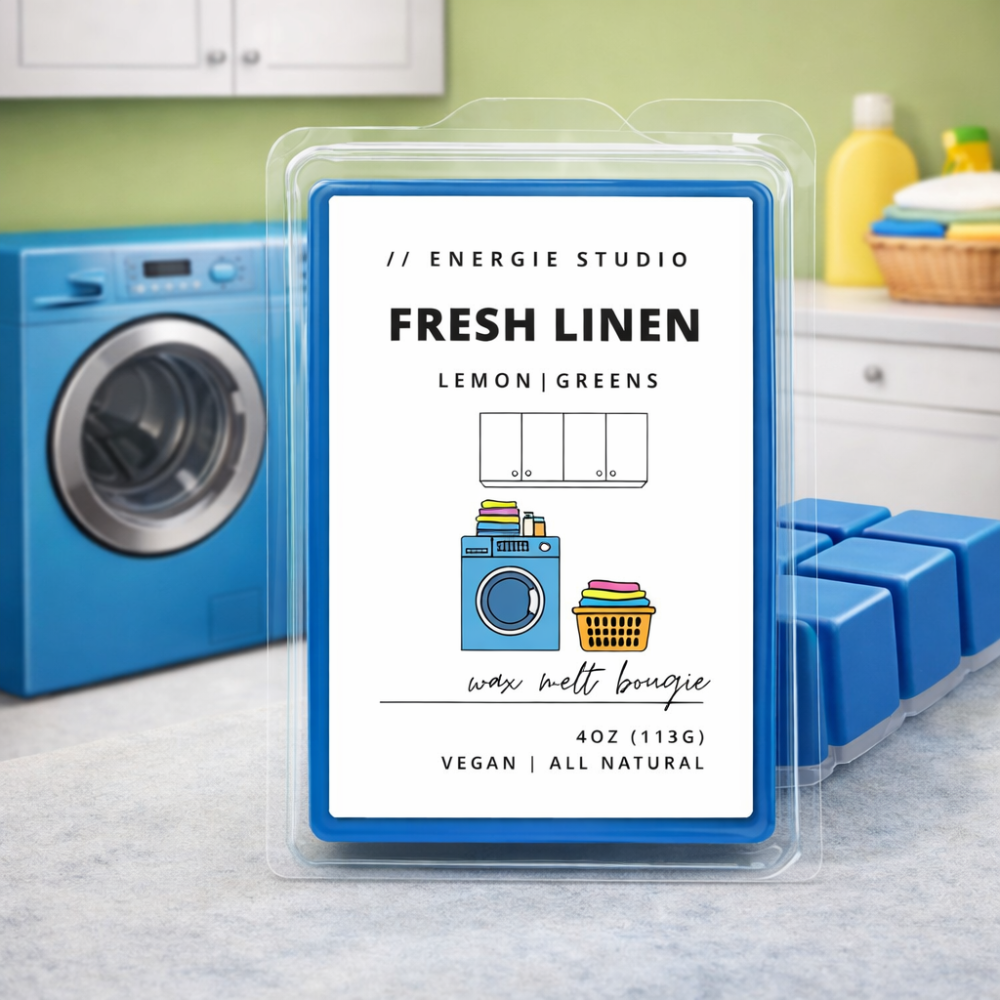 Wax melt packaging labeled 'Fresh Linen' by Energie Studio in a laundry room setting.