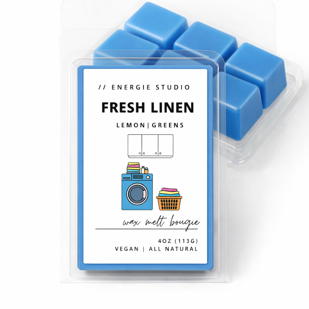 Pack of wax melts labeled 'Fresh Linen' by Energie Studio on a white background