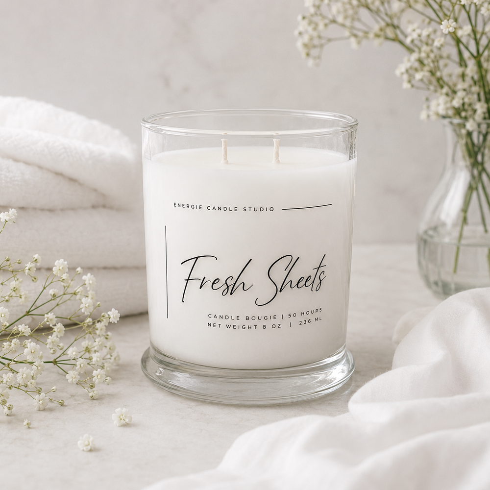 Candle labeled 'Fresh Sheets' from Energie Candle Studio on a light background with white flowers and soft fabrics.