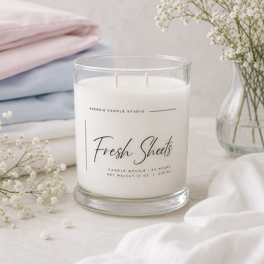 Candle labeled 'Fresh Sheets' from Energie Candle Studio on a soft background with flowers and fabric.