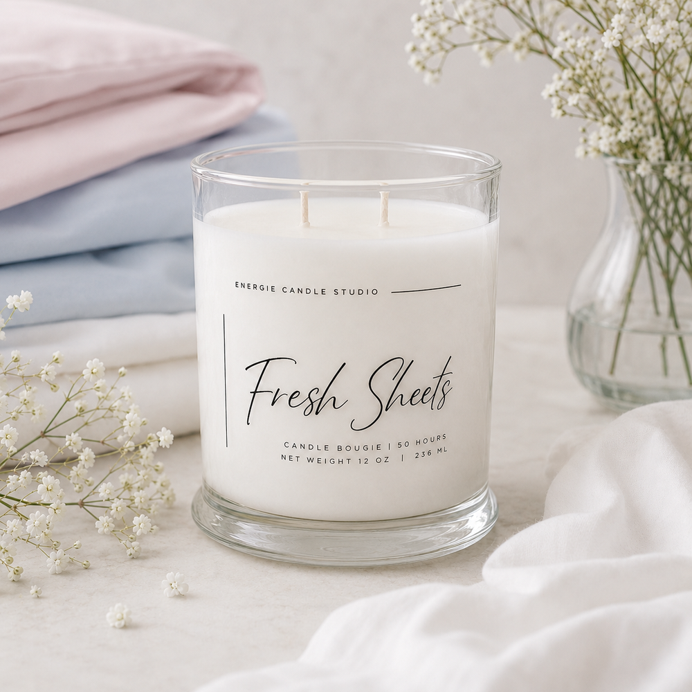 Candle labeled 'Fresh Sheets' from Energie Candle Studio on a soft background with flowers and fabric.