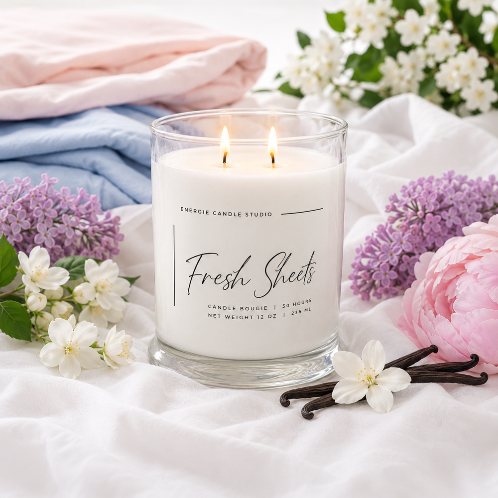 Candle labeled 'Fresh Sheets' surrounded by flowers and fabric on a light background