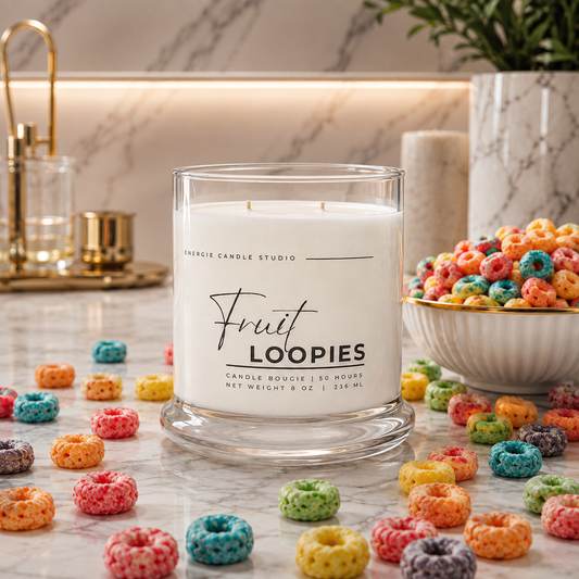 A glass jar candle labeled 'Fruit LOOPiES' by Energy Candle Studio sits on a marble countertop, surrounded by colorful cereal-like ring candies and a bowl of them. The scene is styled with bathroom or kitchen decor in the background.