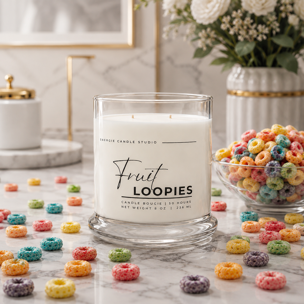 A white scented candle in a clear glass jar labeled 'Fruit LOOPIES' by Energy Candle Studio, styled on a marble surface with colorful cereal pieces scattered around and a bowl of Fruit Loops cereal to the right.