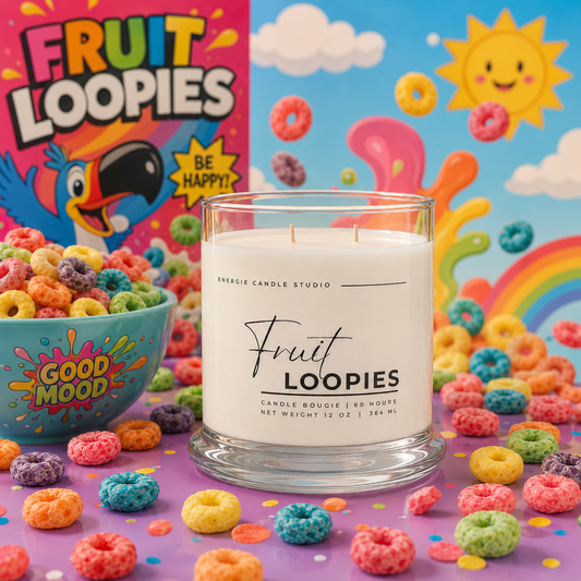 A glass jar candle labeled 'Fruit Loopies' by Energy Candle Studio sits in the center, surrounded by colorful cereal rings and a bowl of cereal. A matching 'Fruit Loopies' box and bright cereal-themed backdrop are visible behind it.