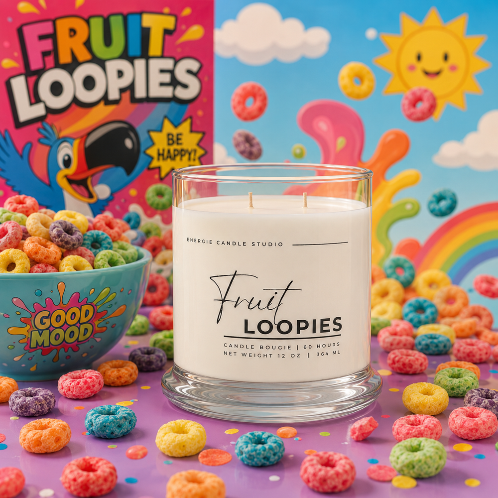 A glass jar candle labeled 'Fruit Loopies' by Energy Candle Studio sits in the center, surrounded by colorful cereal rings and a bowl of cereal. A matching 'Fruit Loopies' box and bright cereal-themed backdrop are visible behind it.