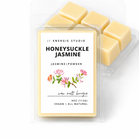 Honeysuckle Jasmine wax melt packaging with a clear container on a white background