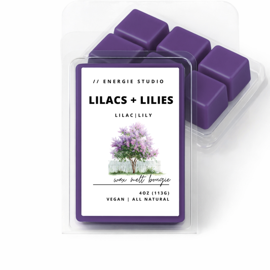 Pack of purple wax melts with a label for Energie Studio Lilacs + Lilies on a white background