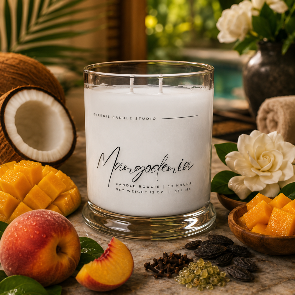 Candle labeled 'Mangodoria' surrounded by mango, peach, and coconut on a wooden surface.