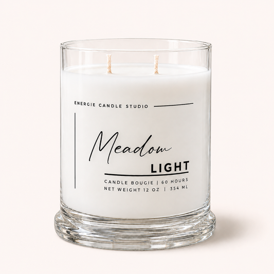 A two-wick scented candle in a clear glass jar with white wax, labeled 'Meadow LIGHT' by Energie Candle Studio, set against a solid pale pink background.