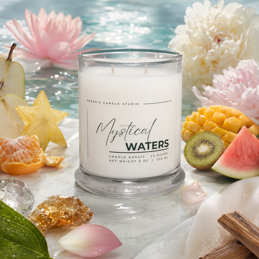 A white scented candle in a clear glass jar labeled 'Mystical Waters' by Energy Candle Studio, styled on a marble surface with tropical fruit slices, flowers, ice, and water in the background.