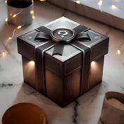 Brown box with lights around it and a brown bow, featuring a question mark on the ribbon, sitting on a marble table with string lights in the background and a cup of coffee in the far back left.